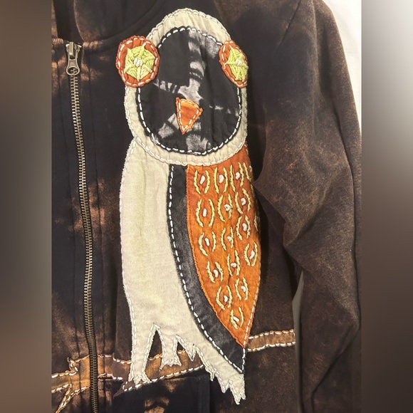 Rising International Artsy Embroidered Patchwork Full Zip Brown Hoodie Size L - Picture 3 of 7